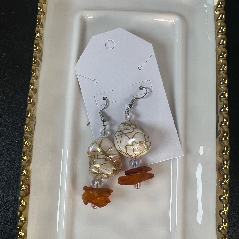 #40 Handmade Iridescent Bead and Amber Chip Dangle Earrings - White & Amber